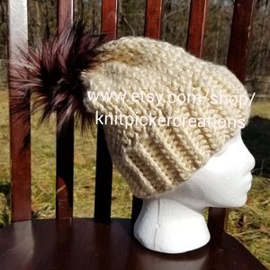 SOLD!! Tan Winter Hat w/cherry cola faux pom pom